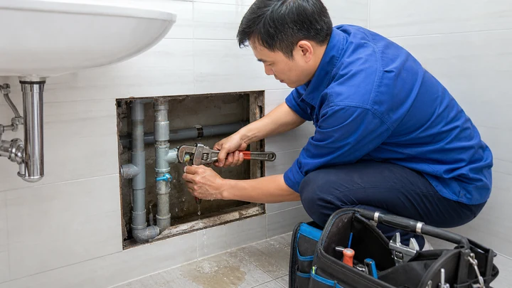 Kỹ thuật viên sửa đường ống nước âm tường tại nhà